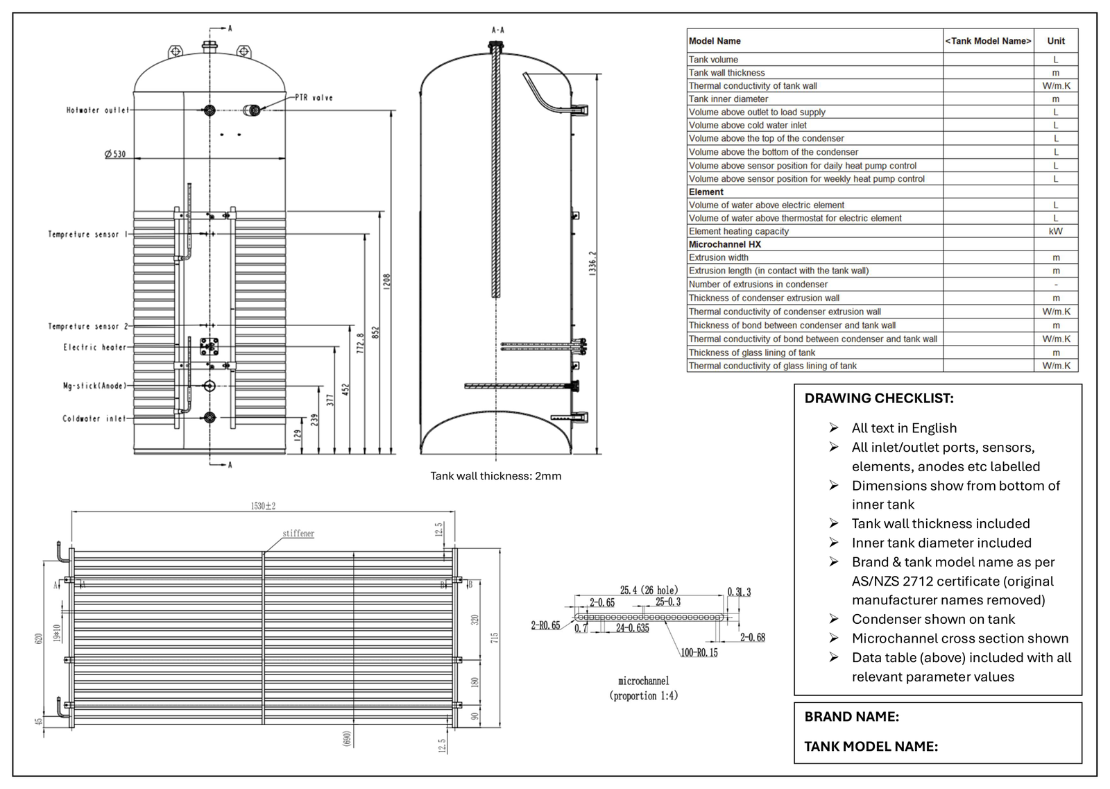 Example tank drawing: integral tank with microchannel condenser, cross section, parameter data table, and drawing checklist