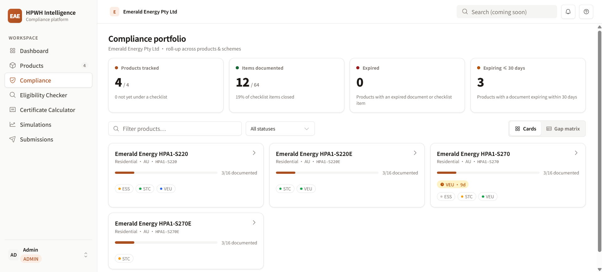 Compliance portfolio showing documentation progress and scheme coverage across a manufacturer product range