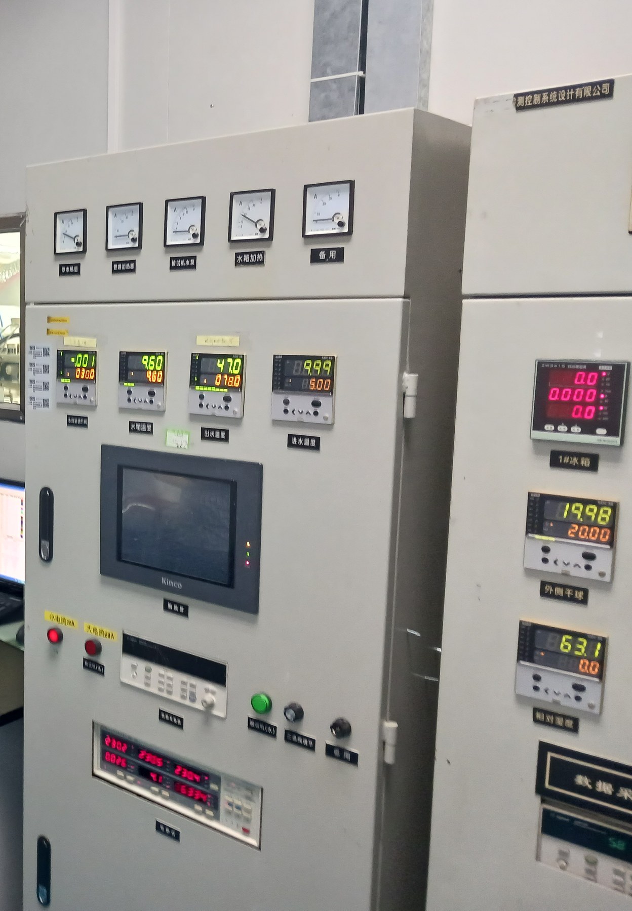 Control cabinet with temperature controllers and panel meters in a heat pump test laboratory